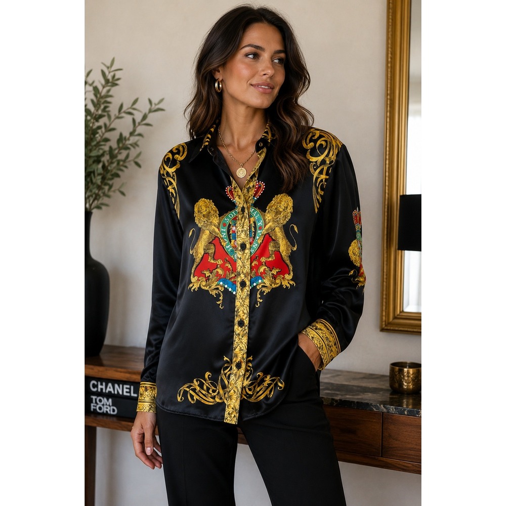 Jonathan Logan Vintage Baroque Crest Lion Print Button Up Shirt‎ Black Gold L